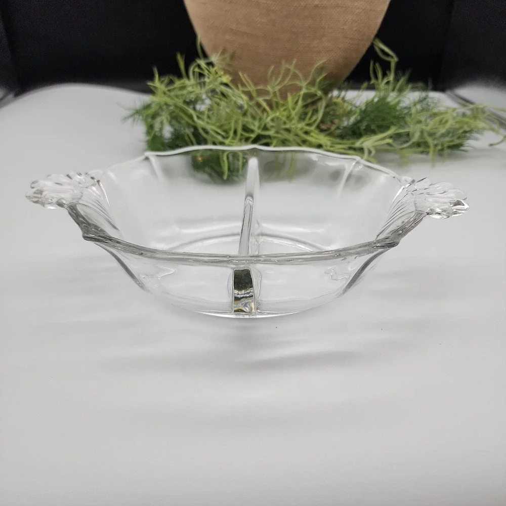 Vintage Clear Glass Divided Relish‎ Dish Fan Handles Mid-Century Serving Bowl